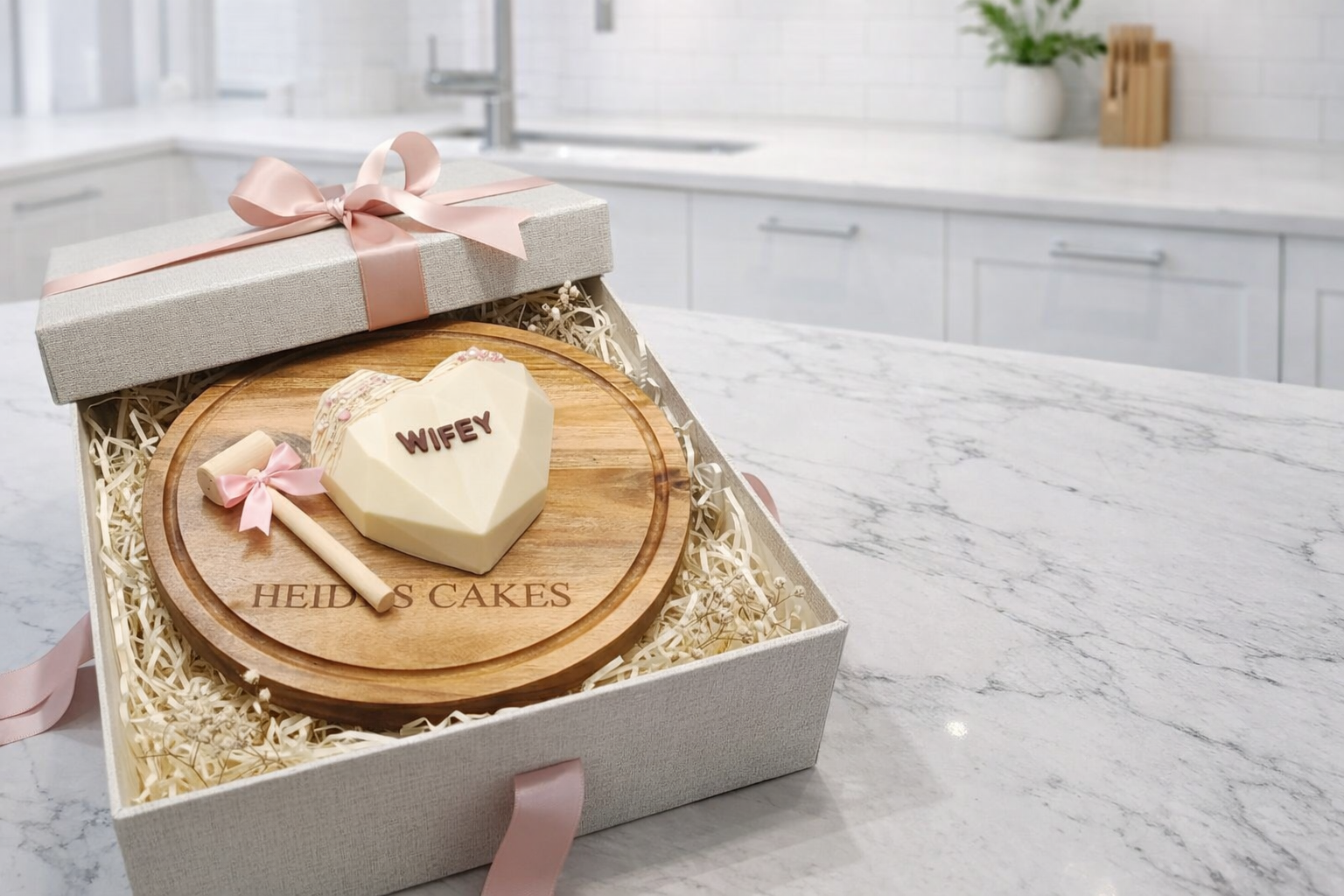 Home Personalised Acacia wood cake stand and heart smash chocolate
