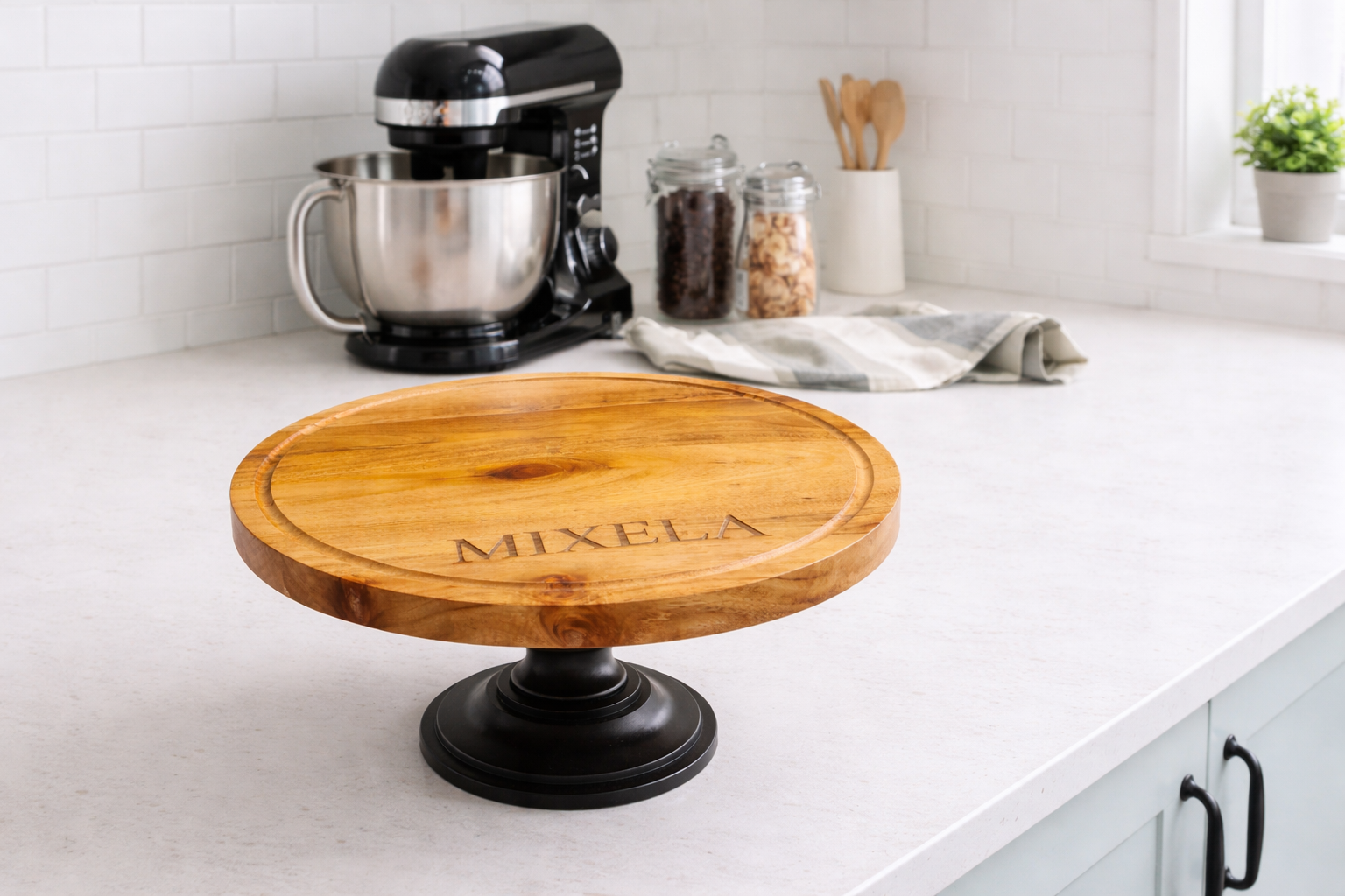 Home Acacia wood cake stand customised in a modern kitchen